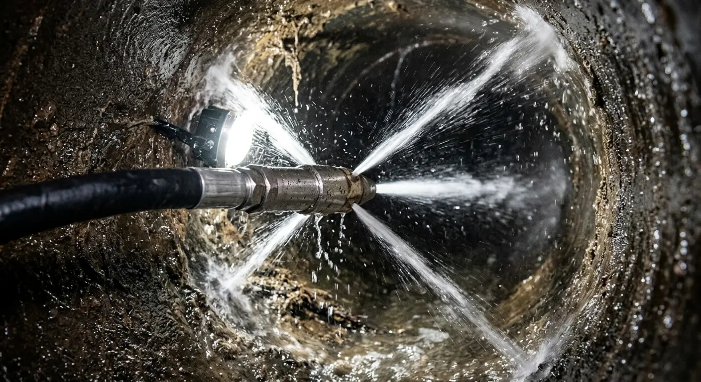 High-pressure hydro jetting nozzle cleaning sewer pipe for Emergency Drain Service in DeWitt