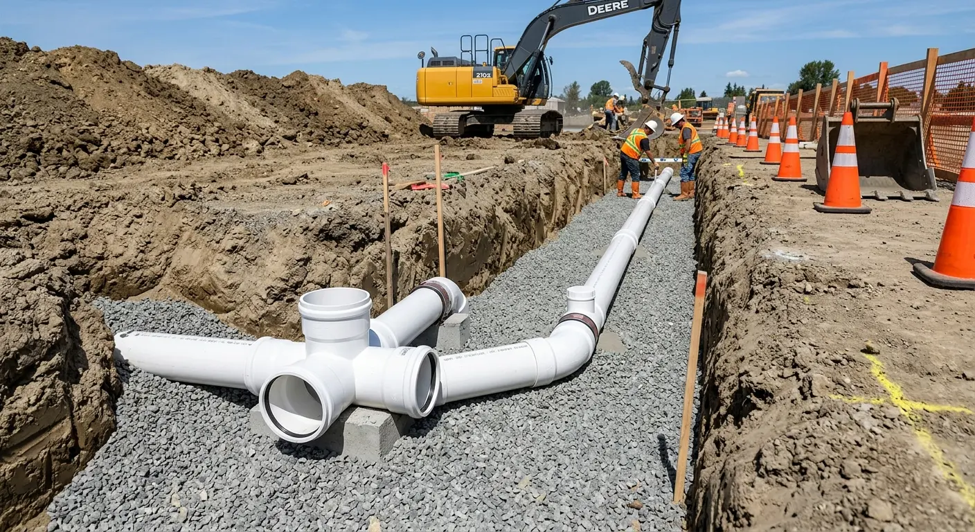 New PVC sewer pipe installation in open trench for Sewer Backup in DeWitt