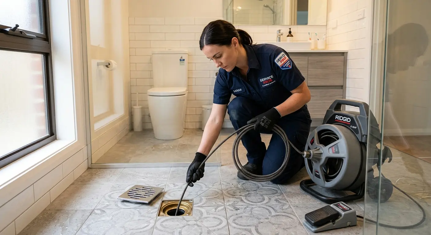 Technician clearing a bathroom floor drain for Drain Repair in DeWitt